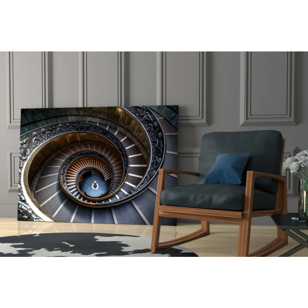 Stunning spiral staircase glass wall art print with ornate railings