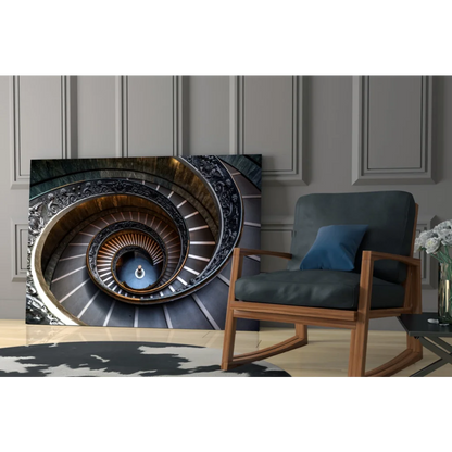 Stunning spiral staircase glass wall art print with ornate railings