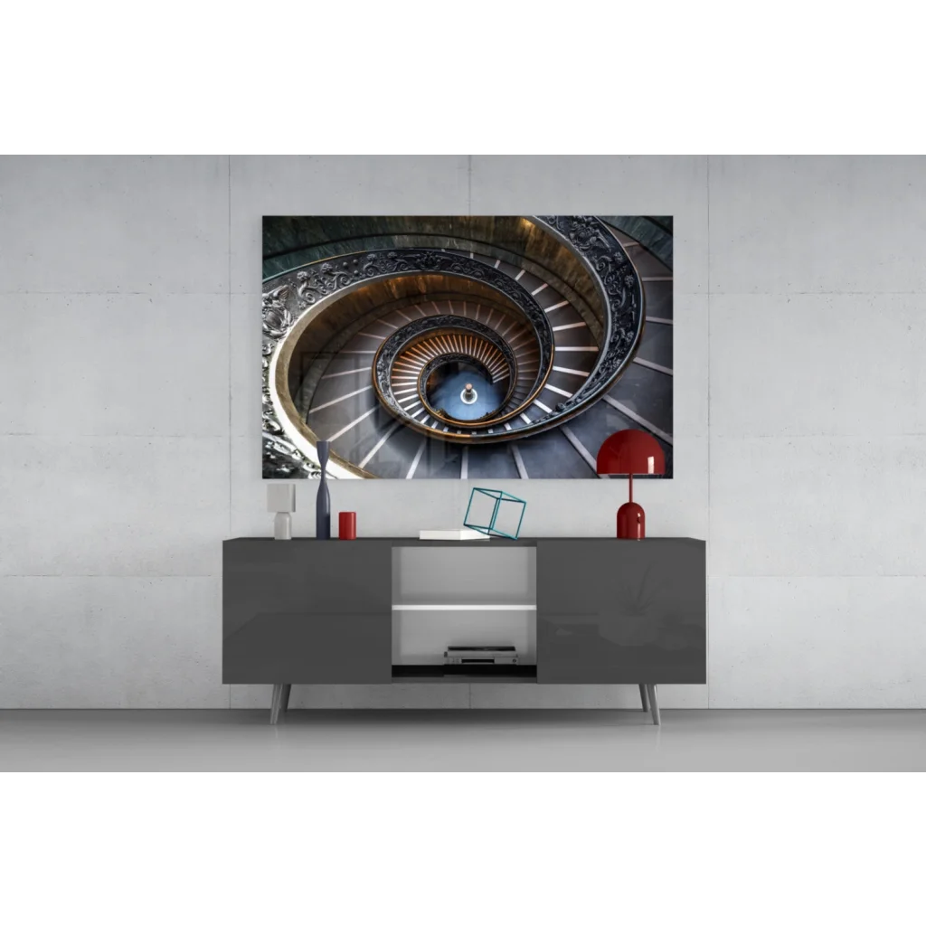 Modern gray console table under stunning spiral staircase glass wall art print