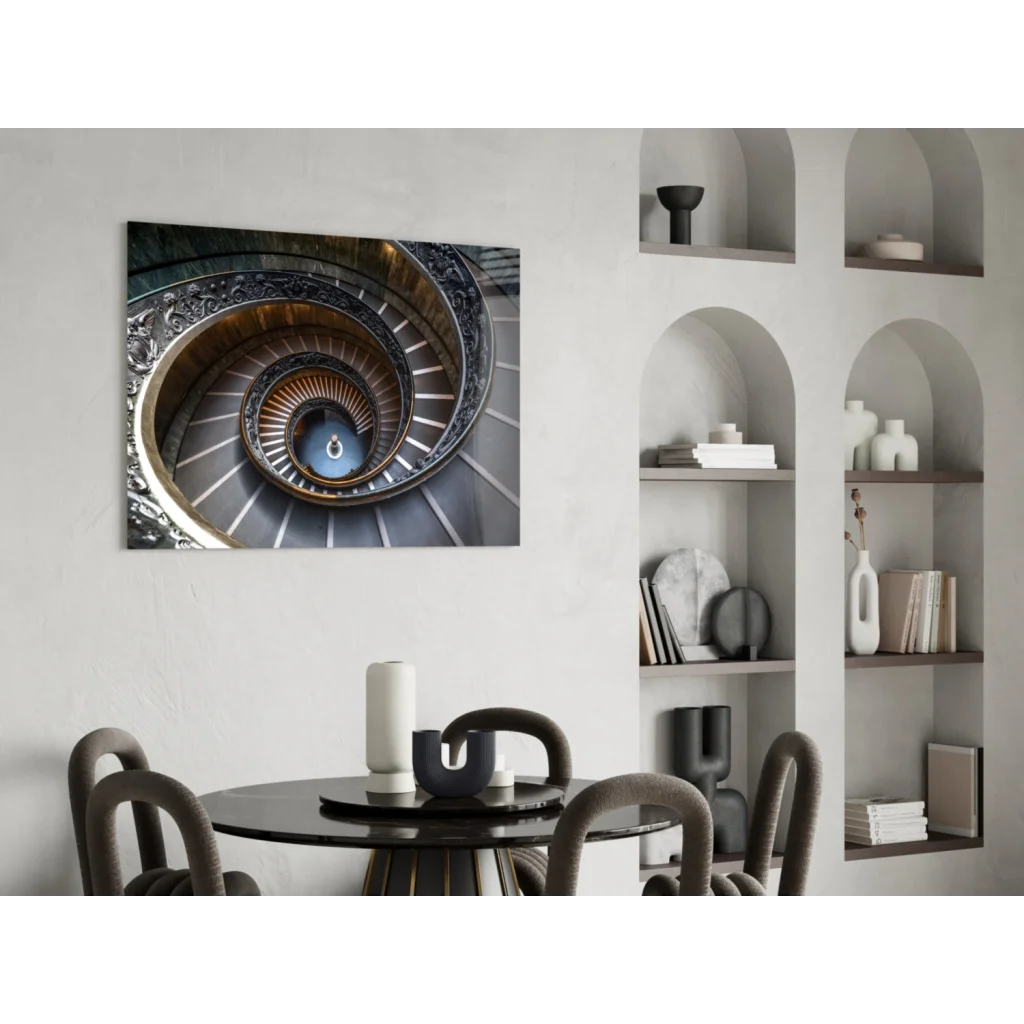 Stunning spiral staircase glass wall art print on white wall