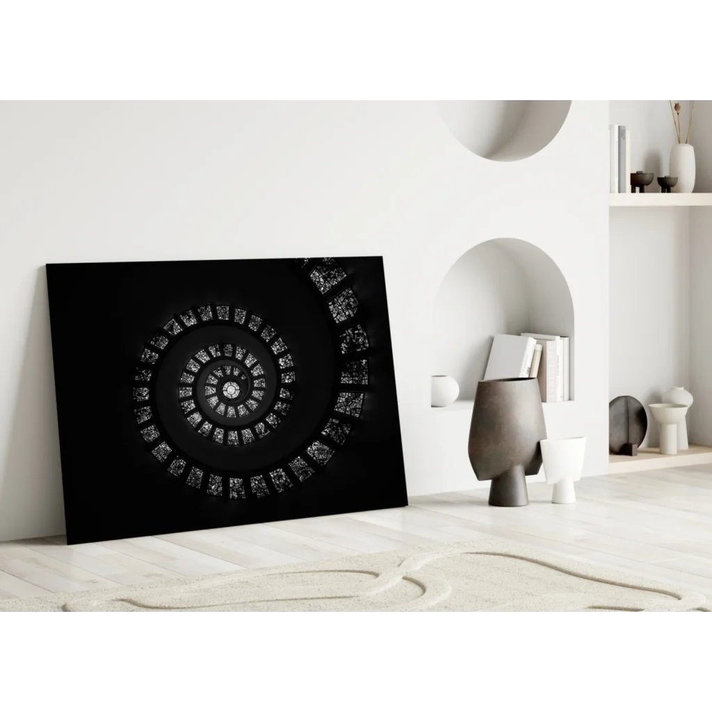 Stunning silver spiral glass wall art on black canvas print
