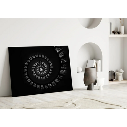 Stunning silver spiral glass wall art on black canvas print