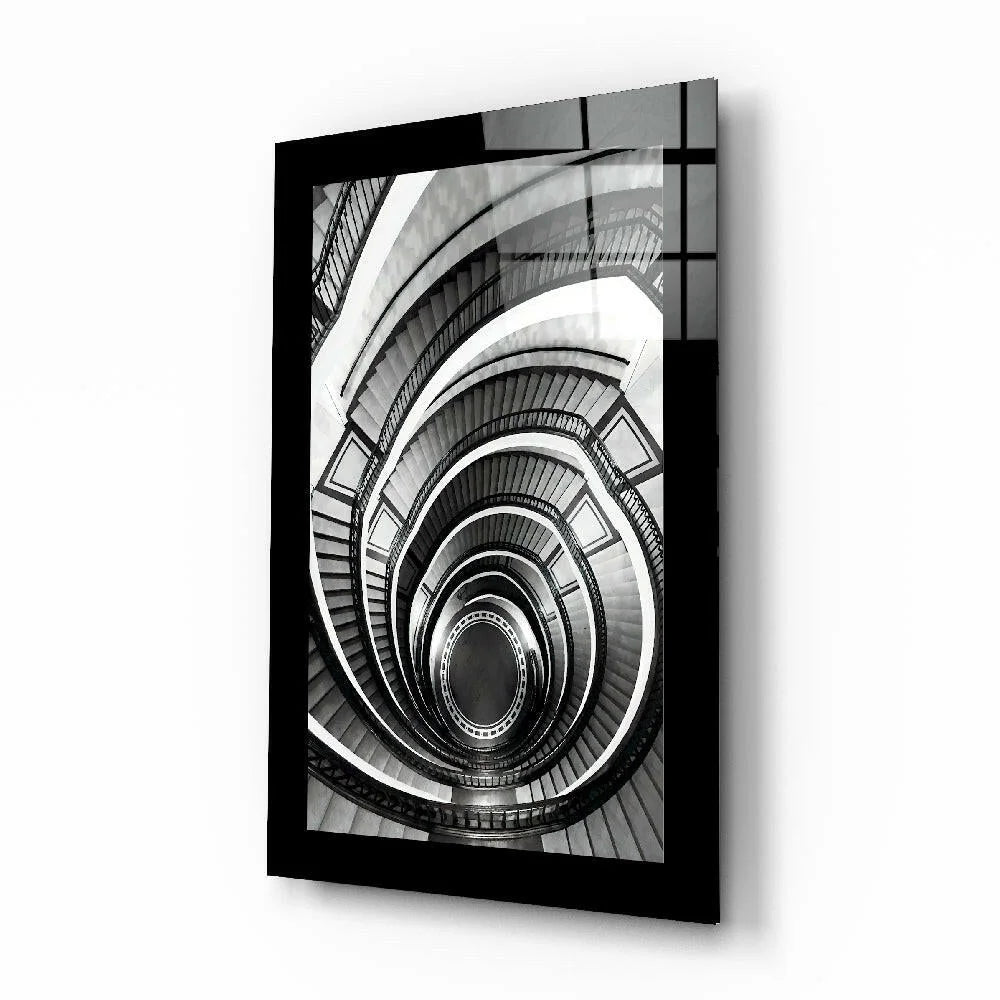 Black-framed black-and-white spiral staircase glass wall art