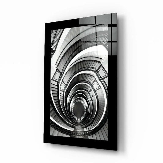 Black-framed black-and-white spiral staircase glass wall art