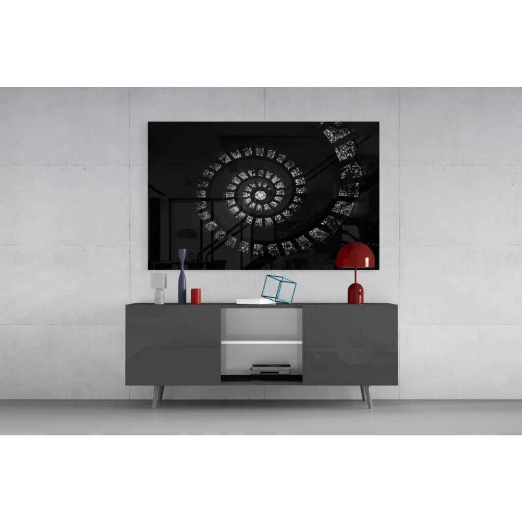 Stunning silver spiral glass wall art canvas print on wall