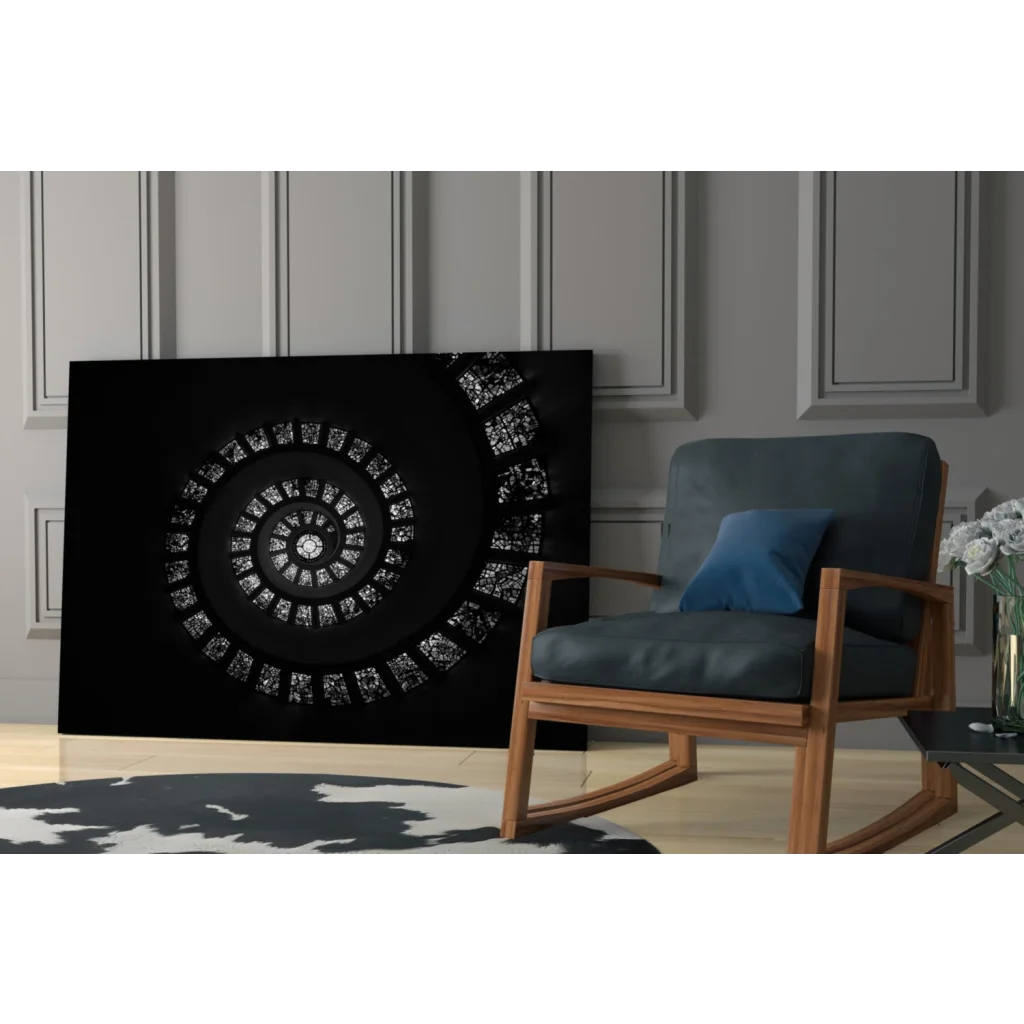 Stunning silver spiral glass wall art on black canvas with glittery accents