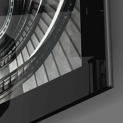 Black-framed black-and-white spiral staircase glass wall art