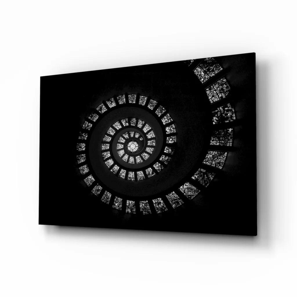 Stunning silver spiral glass wall art canvas print in black and white