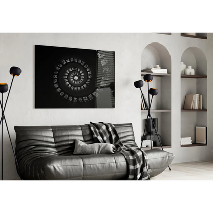 Stunning silver spiral glass wall art canvas print with black glossy intricate design