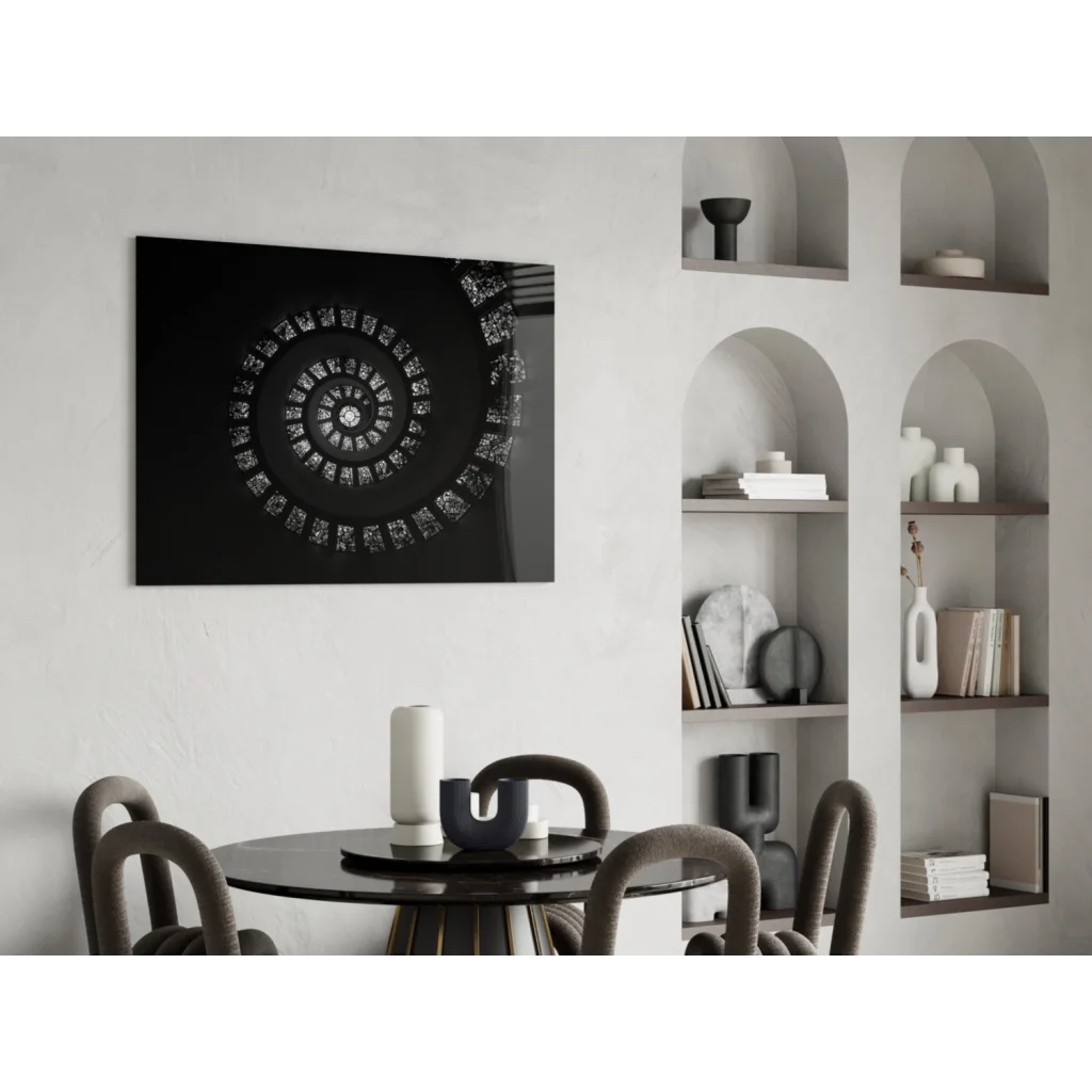 Stunning silver spiral glass wall art on black canvas