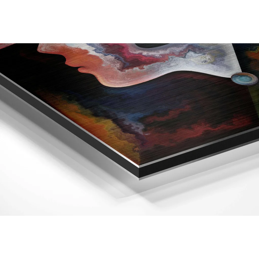 Stunning abstract art on brushed aluminium dibond panel with swirling reds