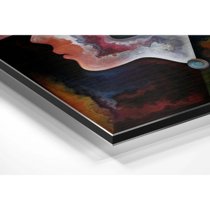 Stunning abstract art on brushed aluminium dibond panel with swirling reds