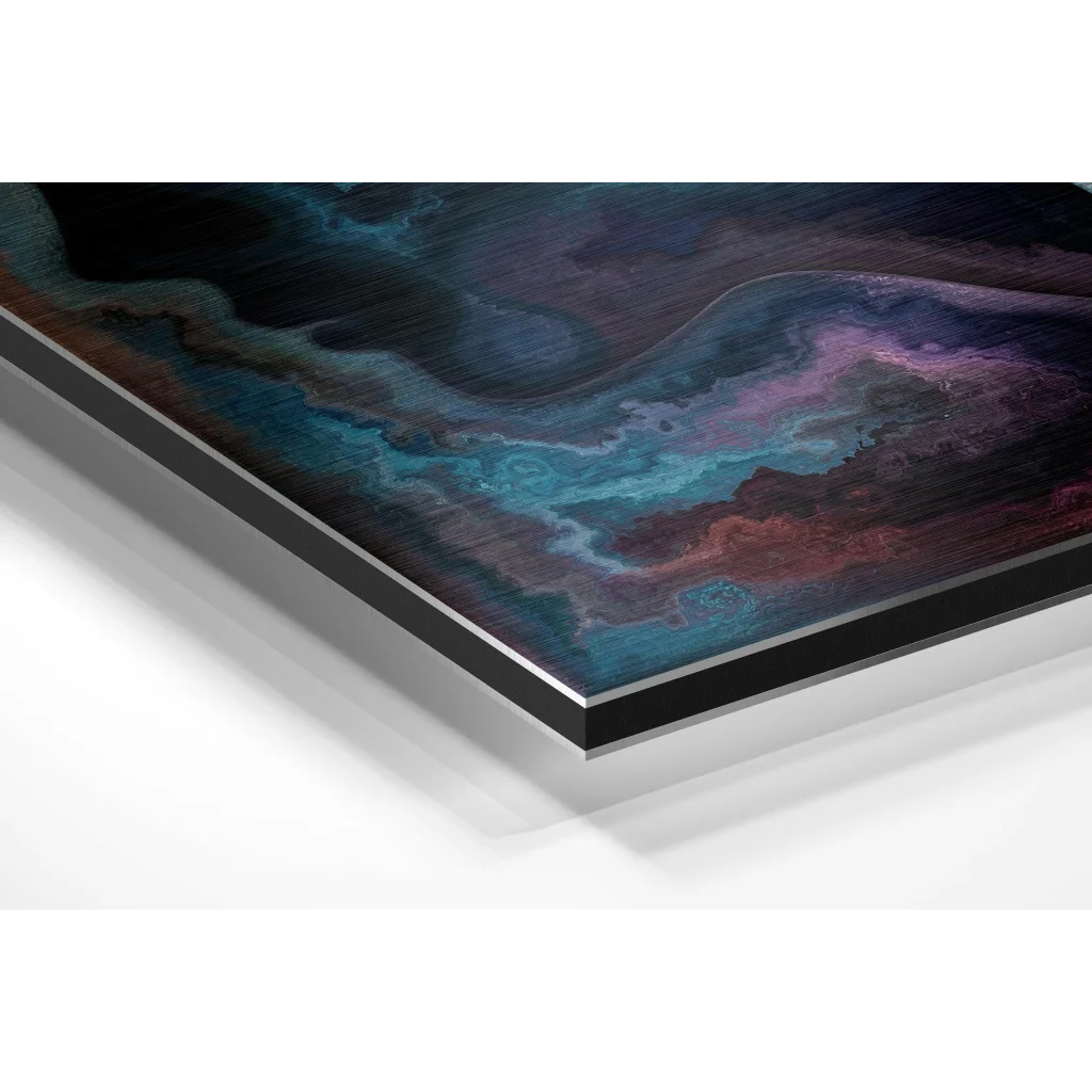 Cosmic Swirl brushed aluminium dibond art print in teal, purple, brown hues