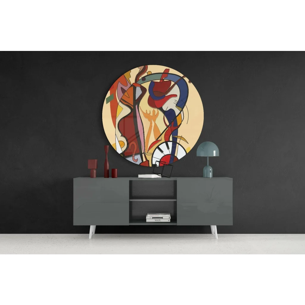 Vibrant tempered glass art clock with bold red, blue, orange abstract circles on cream