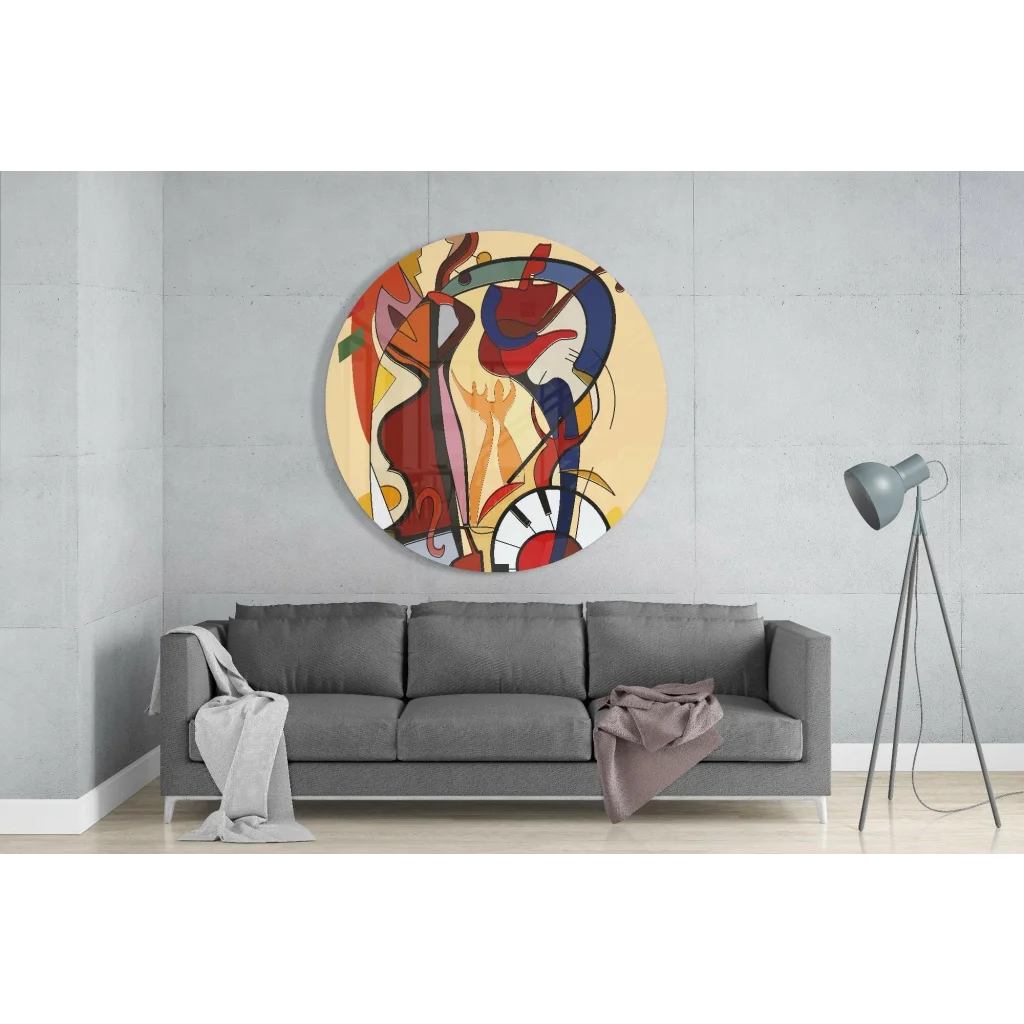 Vibrant tempered glass art clock with bold red, blue, orange circles on cream