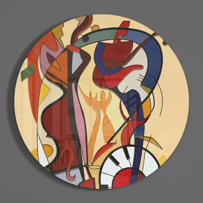 Vibrant tempered glass art clock with bold abstract musical design