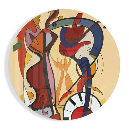 Vibrant tempered glass art clock with bold abstract red, blue, orange patterns