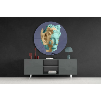 Dual tone marble tempered glass art with gold-teal split face on purple background