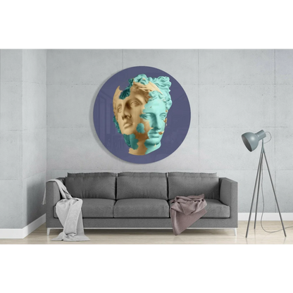 Dual tone marble sculpture in tempered glass art, split-face on purple background