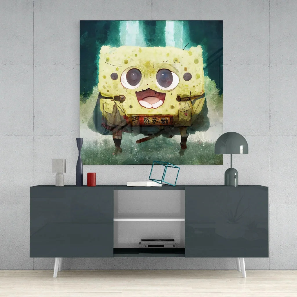SpongeBob Glass Wall Art Panel with Textured Green Surface | Contemporary Home Wall Art | vintageantiquesgifts.com