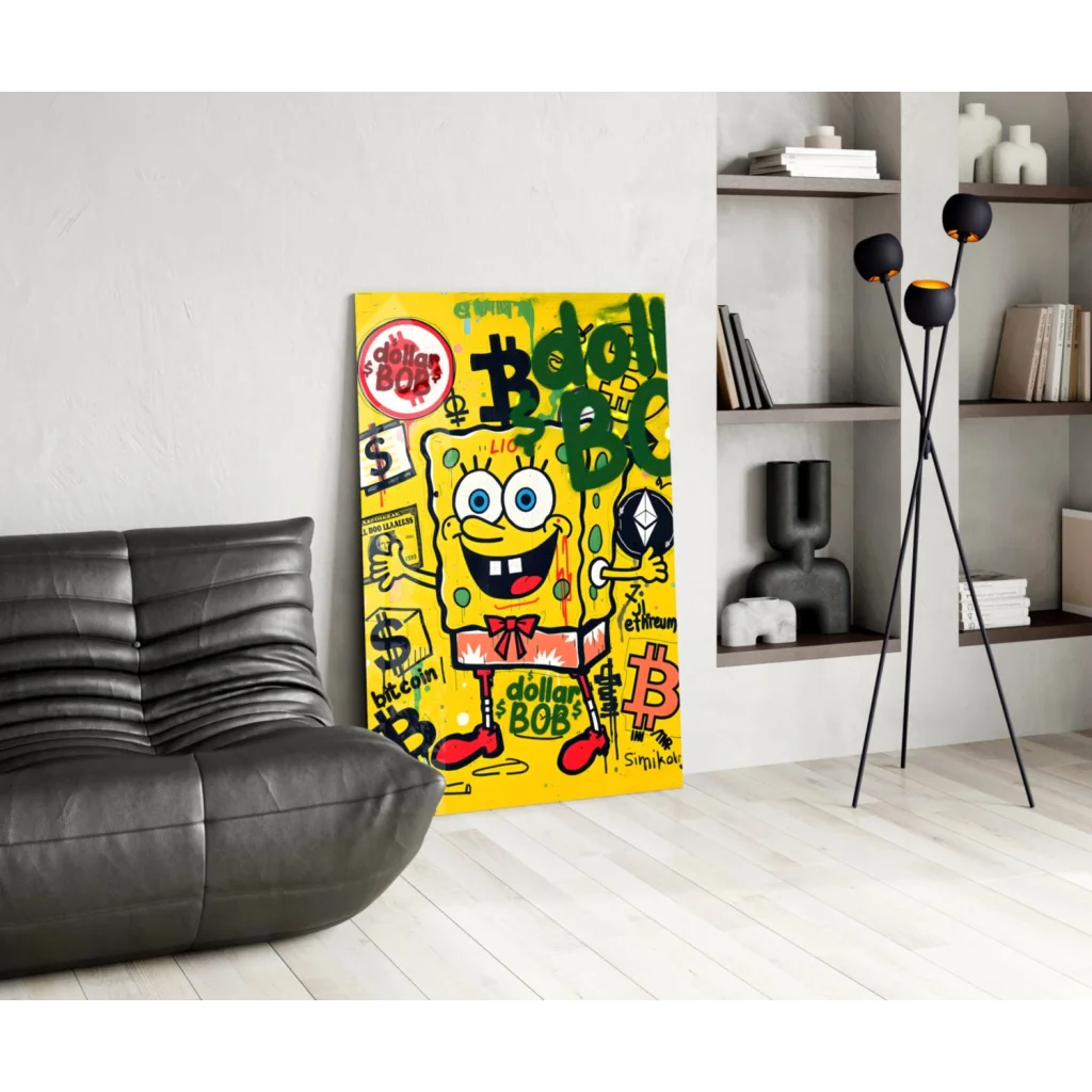 SpongeBob in red shorts with Bitcoin symbols on vibrant yellow graffiti canvas wall art