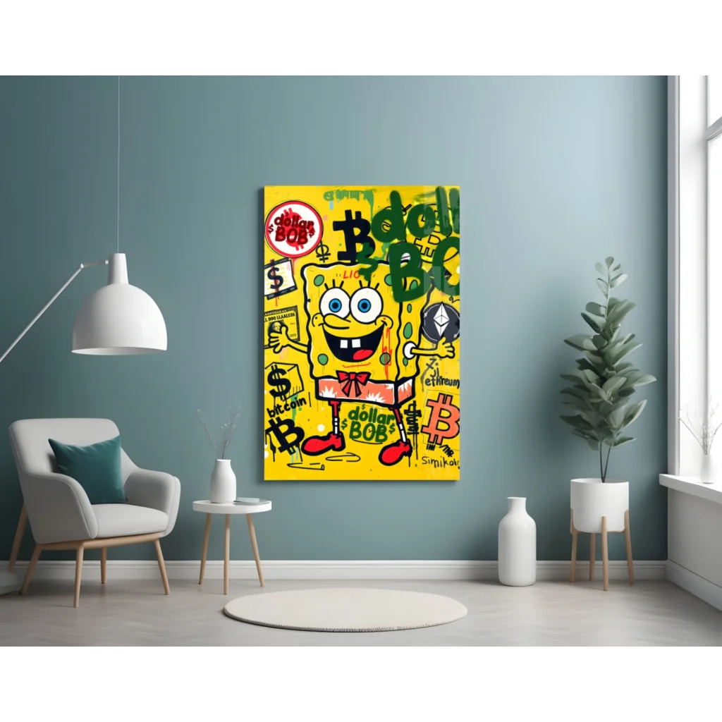 SpongeBob Bitcoin graffiti canvas wall art with yellow vibes and dollar bob text