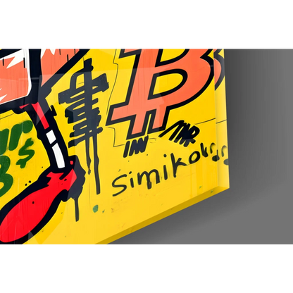 Vibrant SpongeBob Bitcoin graffiti canvas wall art in yellow with red symbols