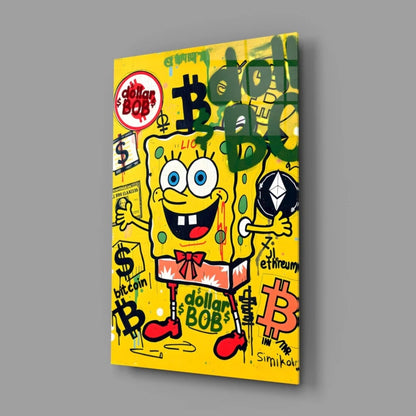 Vibrant SpongeBob graffiti canvas wall art with Bitcoin symbols