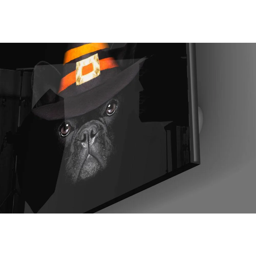 Black French Bulldog in Halloween Pilgrim Hat Glass Wall Art