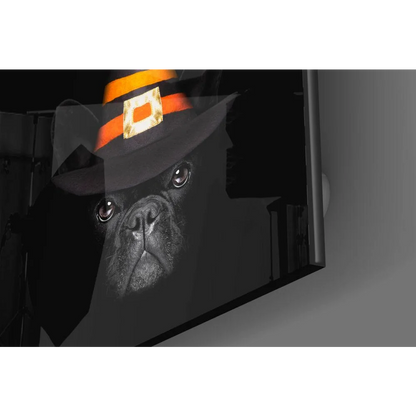 Black French Bulldog in Halloween Pilgrim Hat Glass Wall Art