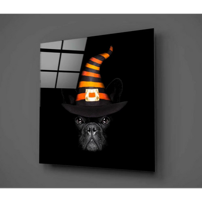 Spooky black French bulldog in witch hat on glass wall art