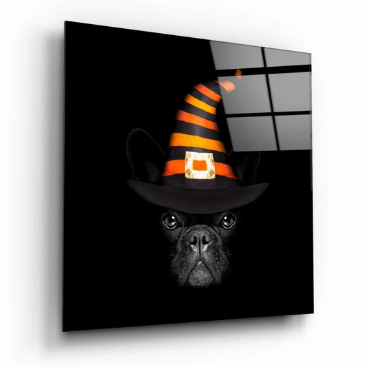Black French Bulldog in striped witch hat on spooky glass wall art