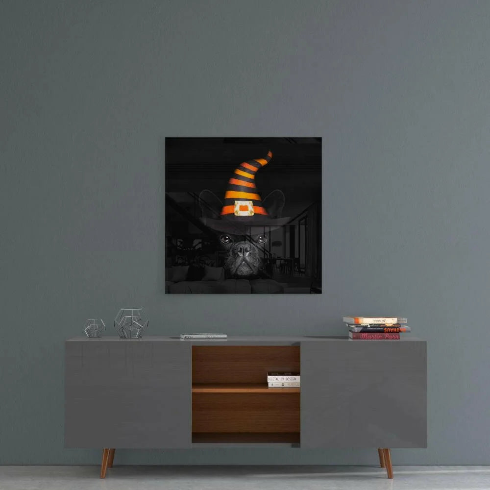 Spooky black French Bulldog in witch hat on glass wall art