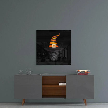 Spooky black French Bulldog in witch hat on glass wall art