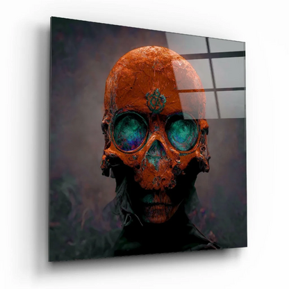 Spooky orange skull glass wall art with glowing green and blue eyes
