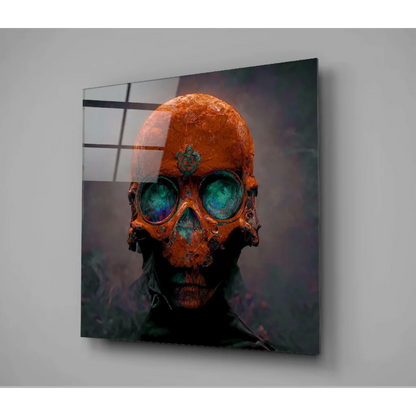 Spooky orange skull glass wall art with green glowing eyes
