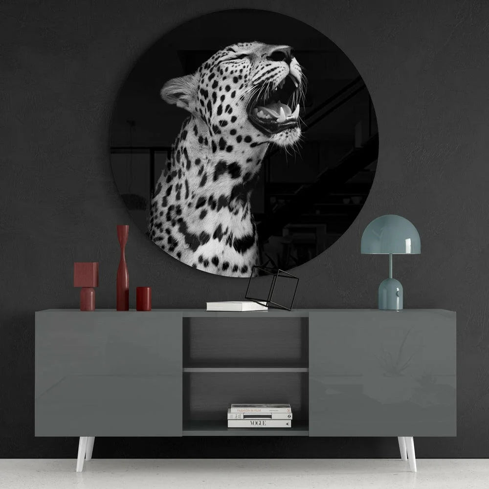 Black and white leopard glass art in modern circle, tempered glass for bold decor