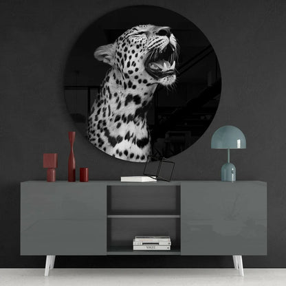 Black and white leopard glass art in modern circle, tempered glass for bold decor