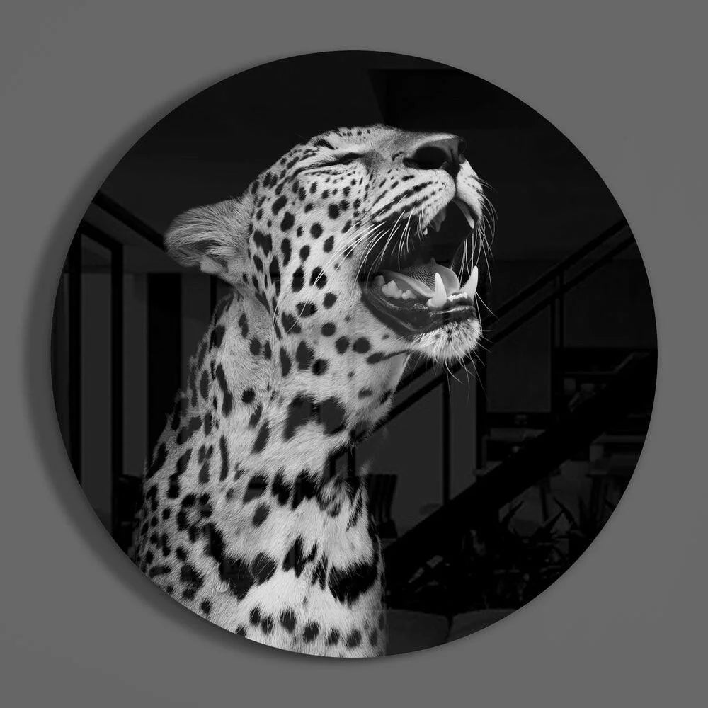 Black and white spotted leopard statue in tempered glass art