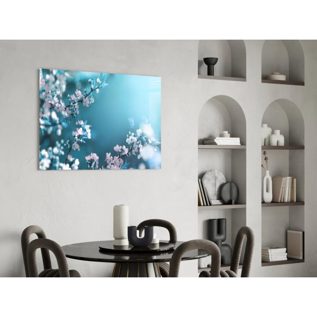 Cherry Blossom canvas wall art print with pink blossoms on blue background