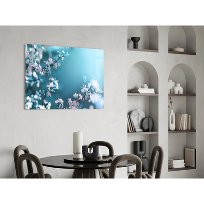 Cherry Blossom canvas wall art print with pink blossoms on blue background