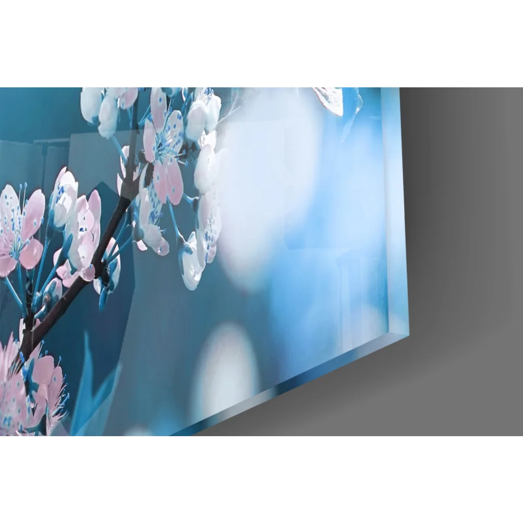 Sleek cherry blossom glass wall art print with pink flowers on blue