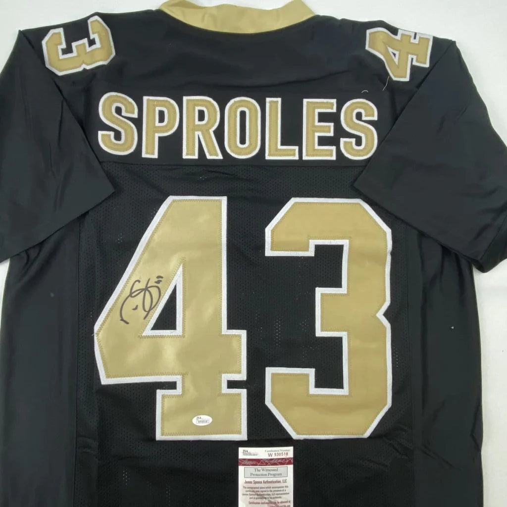 Autographed black and gold Sproles 43 custom jersey, perfect for sports fans!