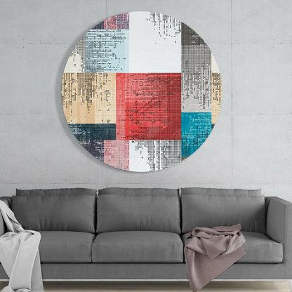 Stunning tempered glass art: circular abstract mosaic in red, teal, beige, white