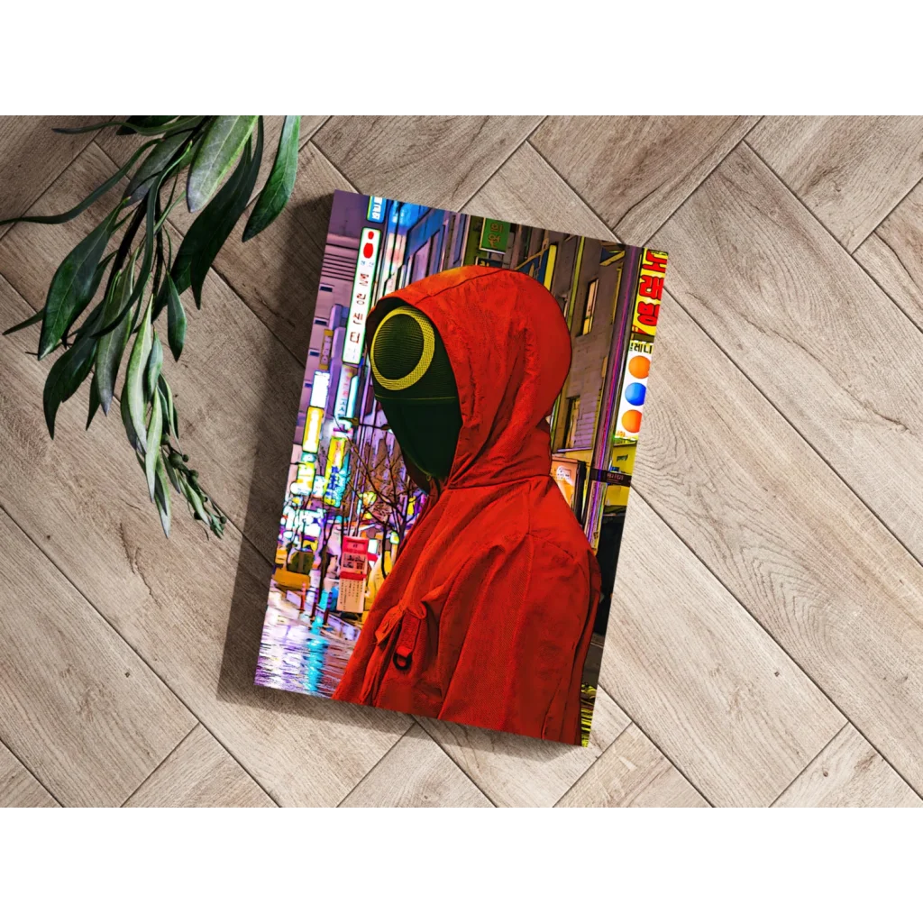 Neon Cityscape Insigne Aluminum Print with Red Hooded Figure | Modern Wall Art Decor | vintageantiquesgifts.com