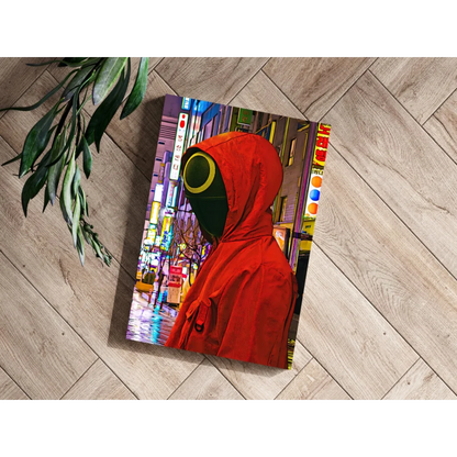Neon Cityscape Insigne Aluminum Print with Red Hooded Figure | Modern Wall Art Decor | vintageantiquesgifts.com