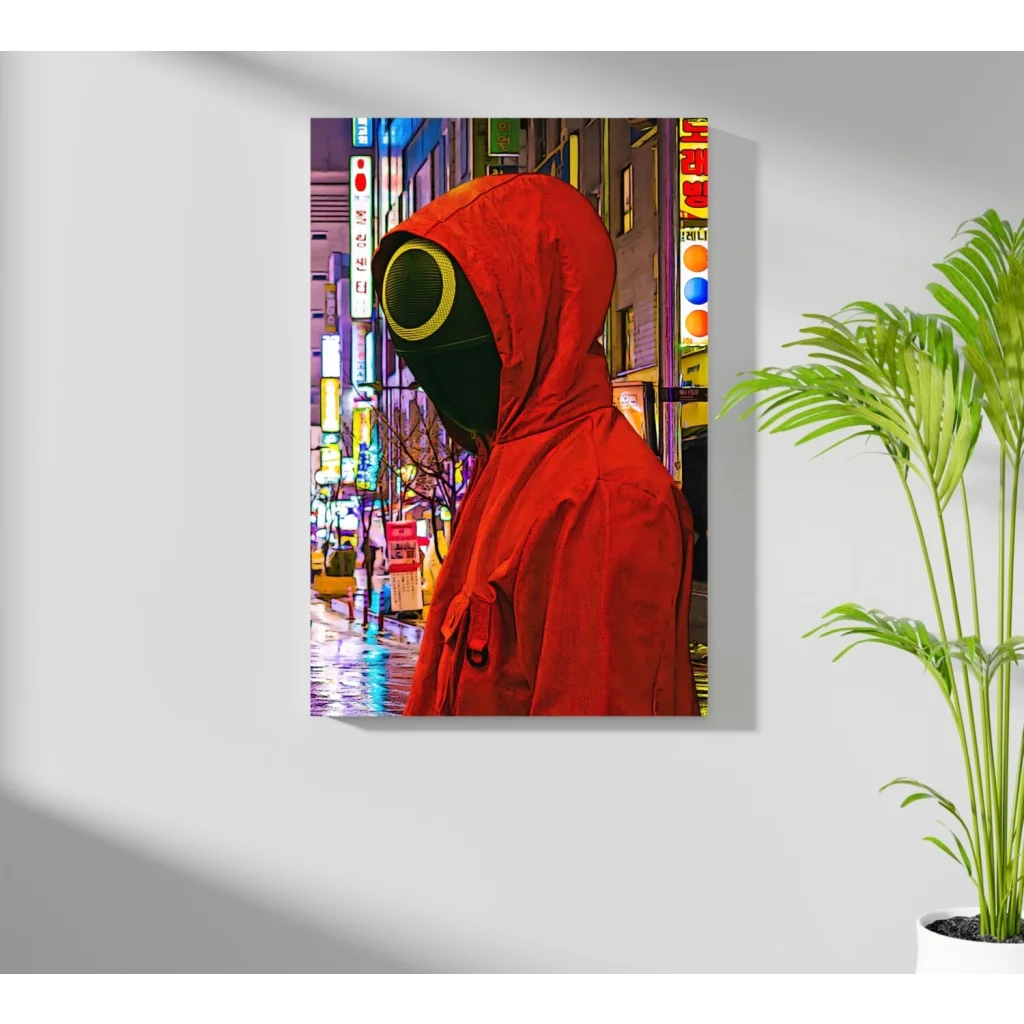 Vibrant red hooded figure in black mask on neon cityscape insigne aluminum print