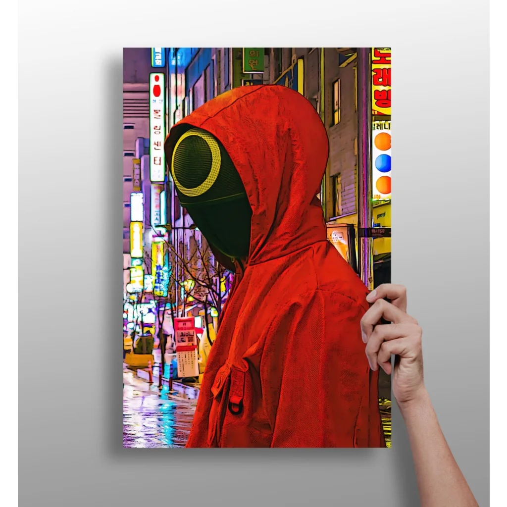 Neon Cityscape Insigne Aluminum Print with Red Hooded Figure | Insigneart USA | vintageantiquesgifts.com