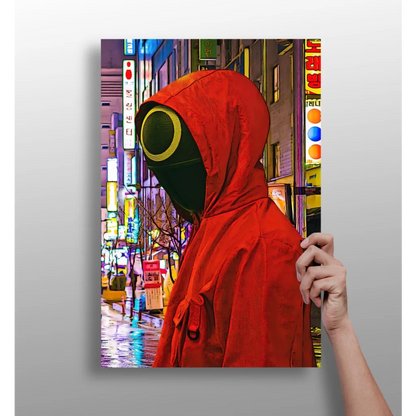 Neon Cityscape Insigne Aluminum Print with Red Hooded Figure | Insigneart USA | vintageantiquesgifts.com