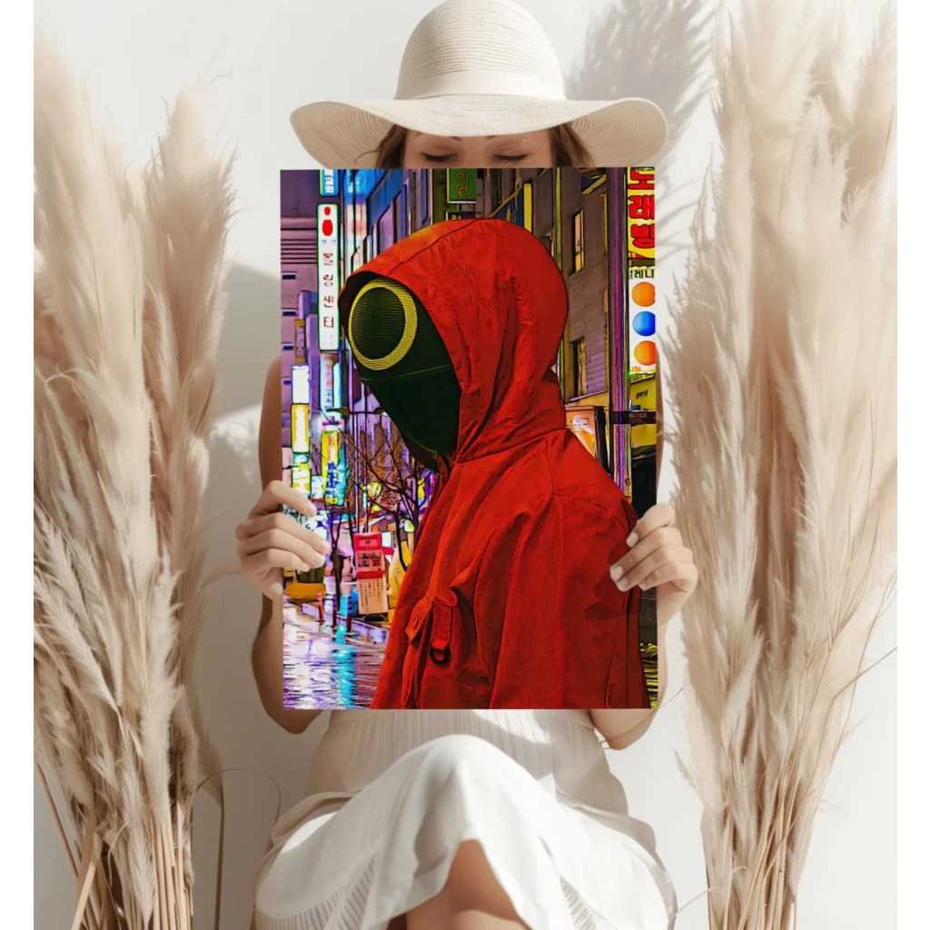 Neon Cityscape Insigne Aluminum Print with Red Hooded Figure | Contemporary Home Wall Art | vintageantiquesgifts.com